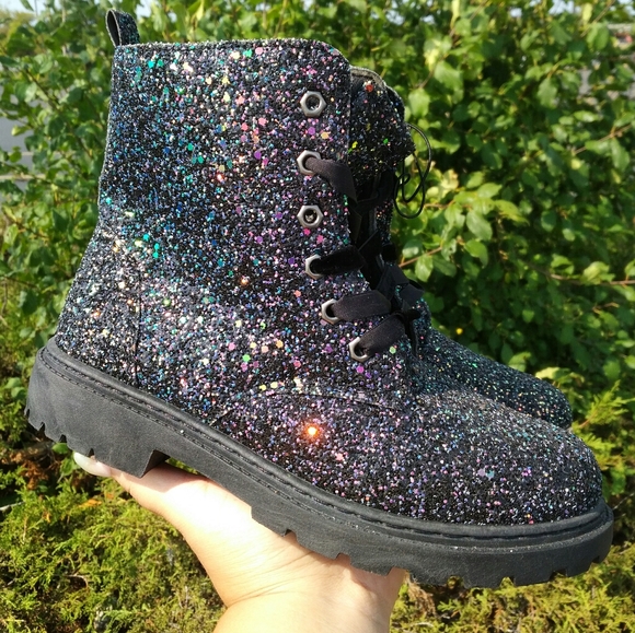 black glitter combat boots